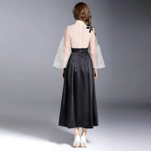 Vintage Organza Embroidery Turtleneck Beading Flare Long Sleeve Maxi Dress - Picture 3 of 11